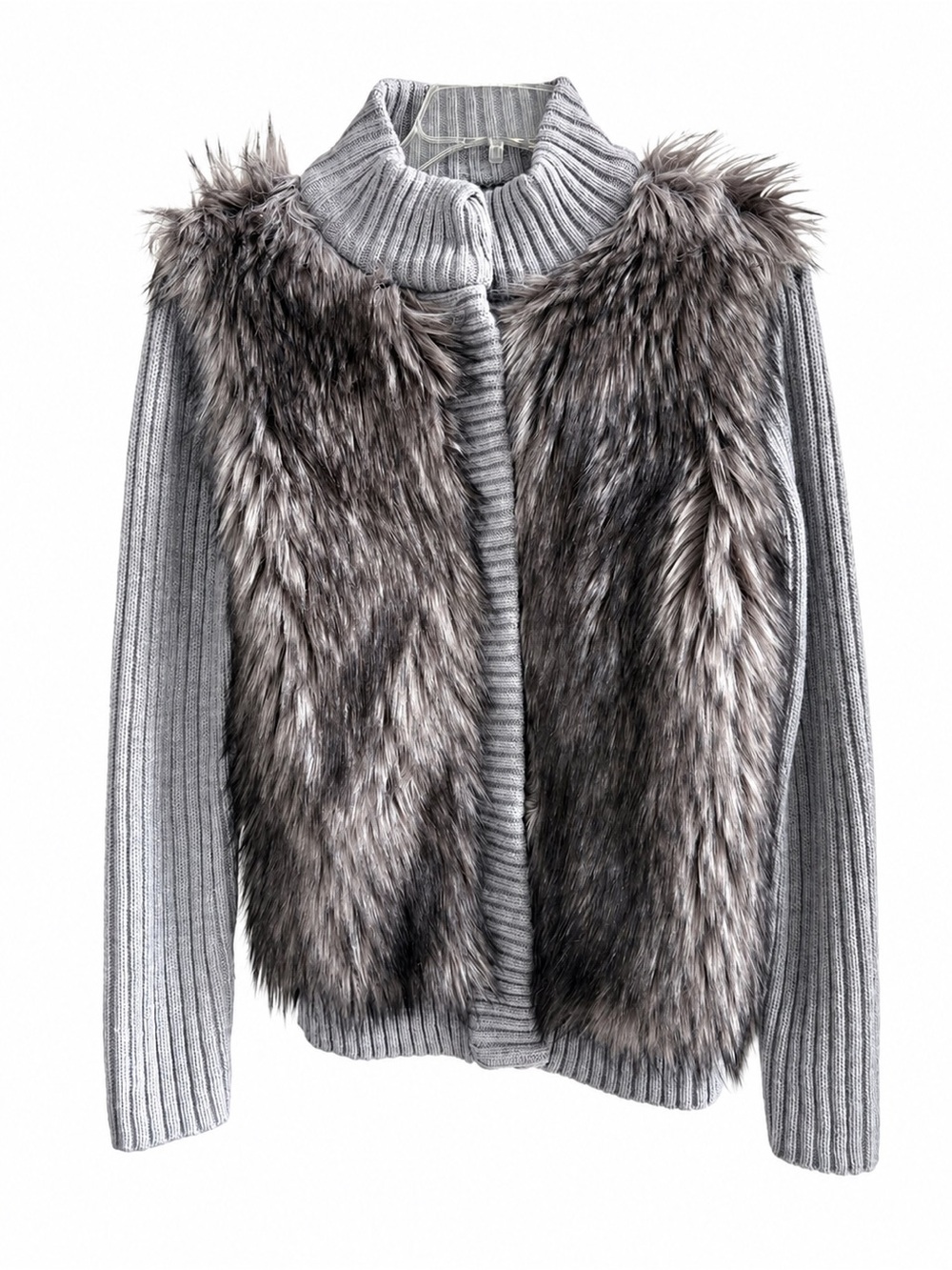 MICHAEL Michael Kors Gray Faux Fur Front Wool Blend Cardigan Sweater Size S